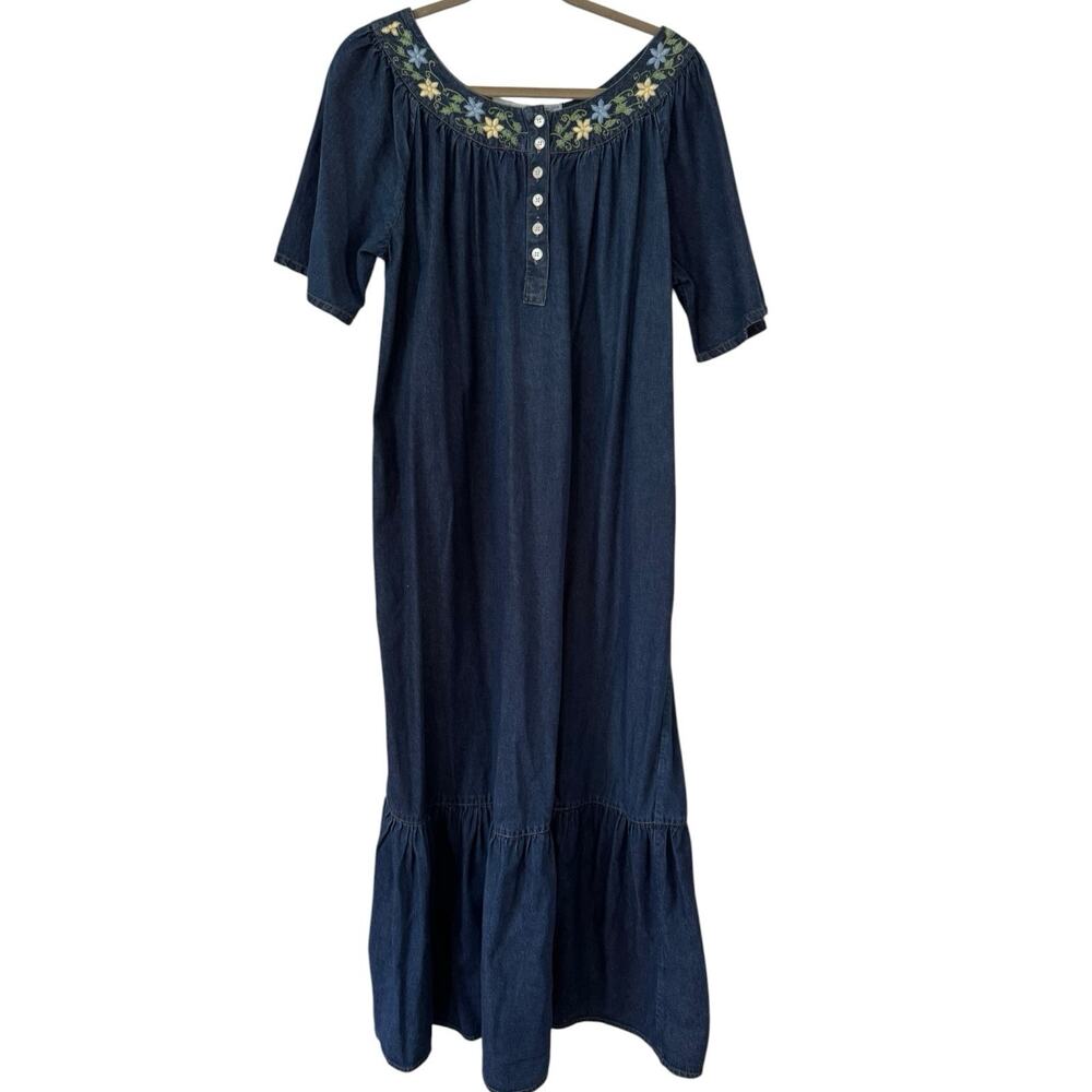 Victorian Era Floral Embroidered Vintage Denim Dress Size Medium Pockets Tiered